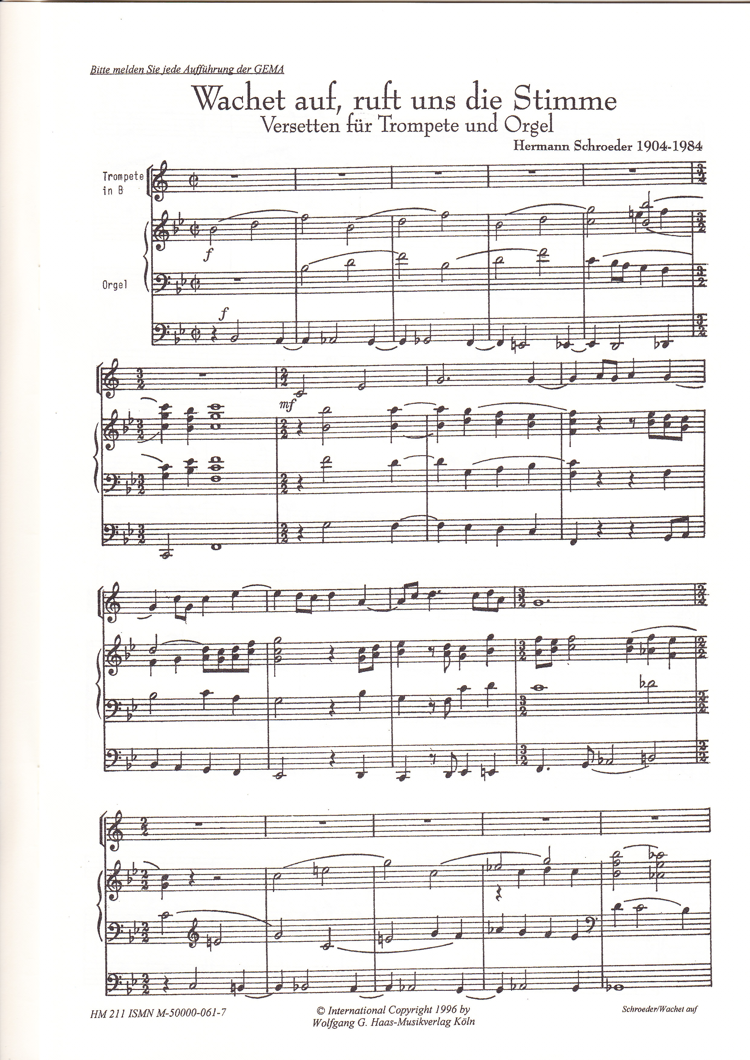 Wachet Auf Ruft Uns Die Stimme Schroeder, Hermann (1904-1984) Versetten `Wachet auf, ruft uns die
